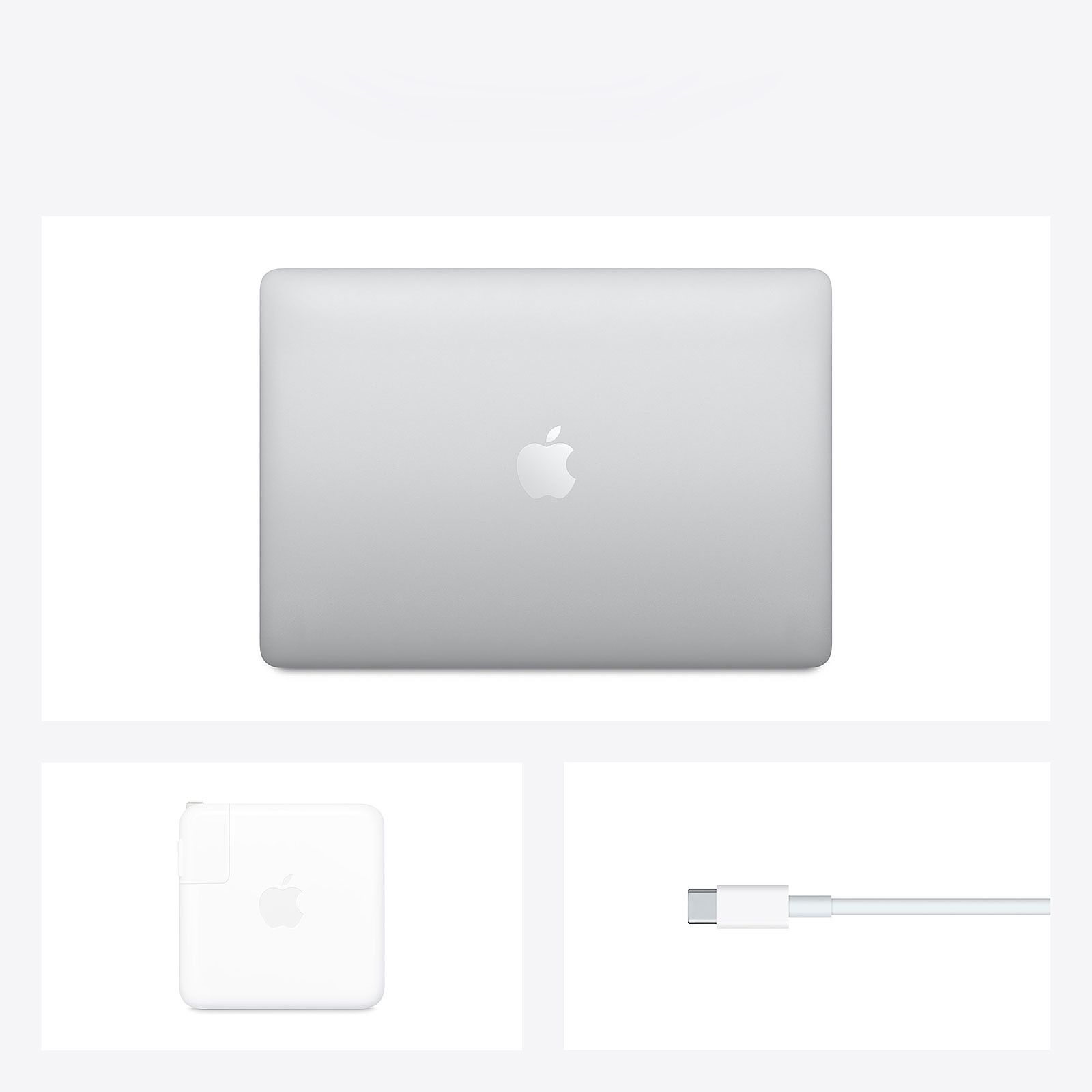 Apple laptop, een oplader en een kabel worden weergegeven op een witte achtergrond.