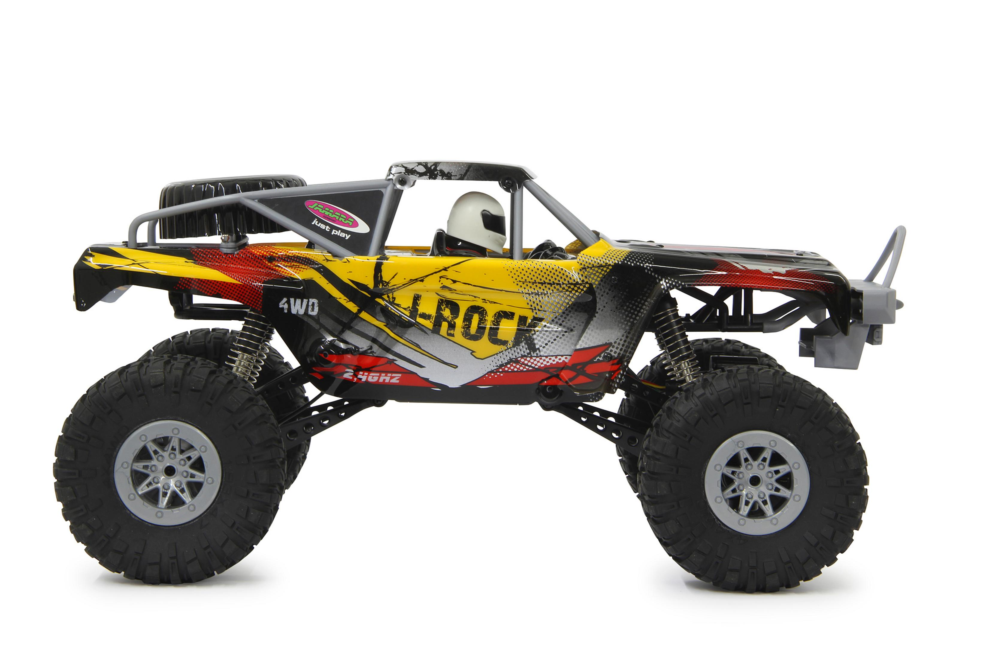 RC-Rock-Crawler-Spielzeugauto. Gelbe und rote Akzente, schwarze Räder. 4WD. Weißer Hintergrund.