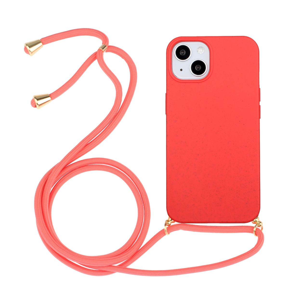 Eine rote Handyhülle mit rosa Kordel. Die Hülle ist an einem Telefon. Die Kordel ist rosa und gold.