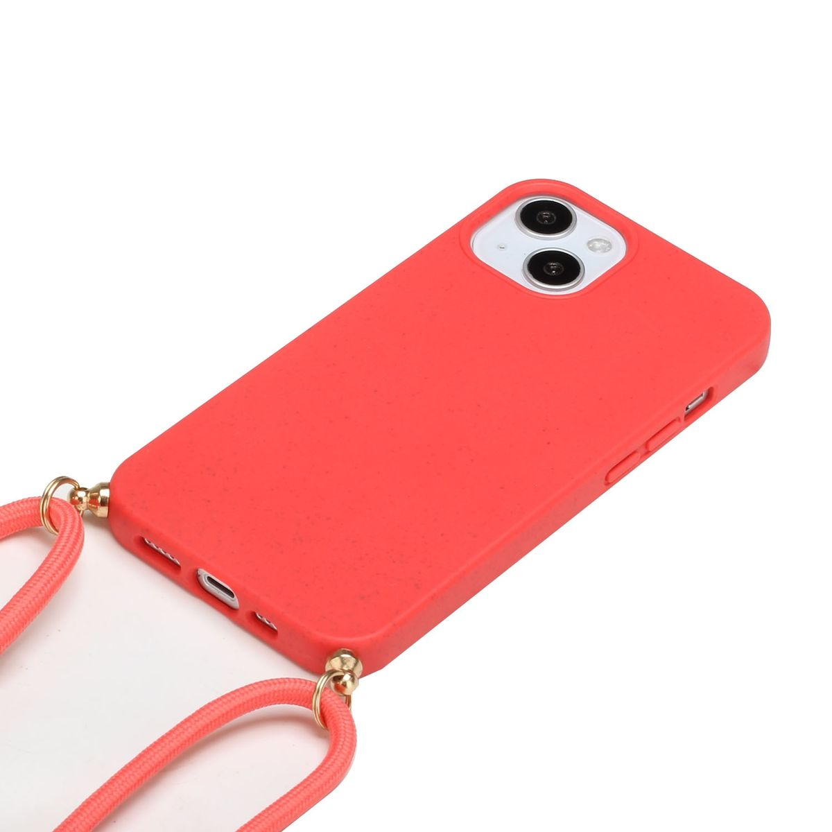 Eine rote Handyhülle mit passendem Lanyard, goldfarbenen Befestigungspunkten und weißem Hintergrund.