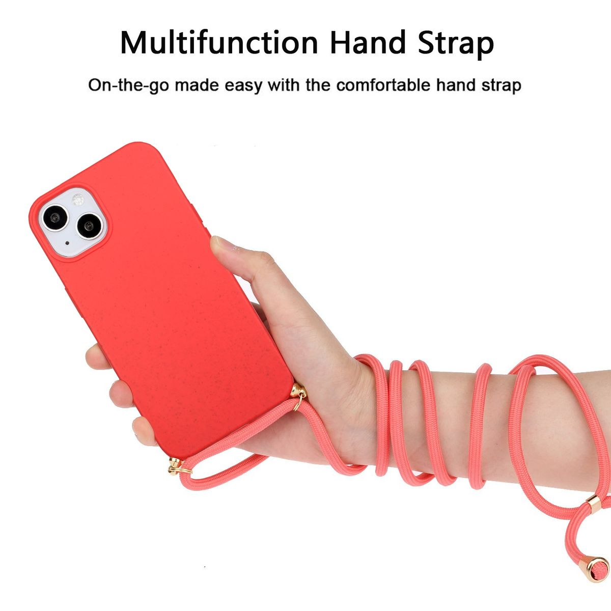 Eine Hand hält ein rotes Telefon mit einem Riemen. Text: Multifunktions-Handschlaufe. Unterwegs einfach gemacht.