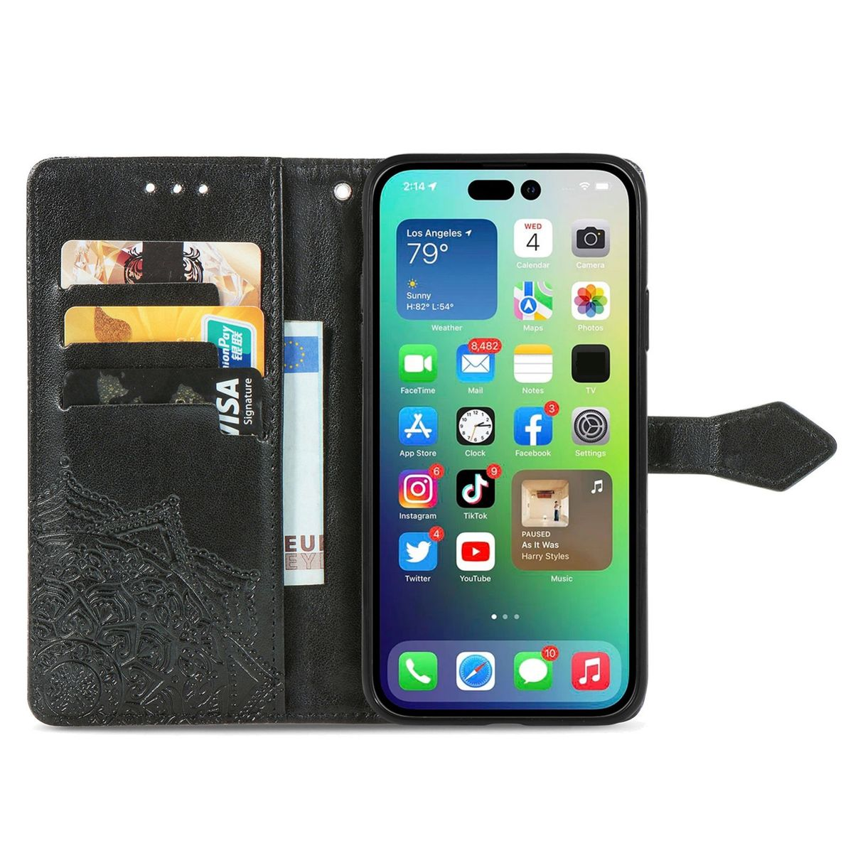 Geöffnete Handyhülle, die den Handybildschirm mit Apps und Karten zeigt. Leder-Geldbörsenstil.