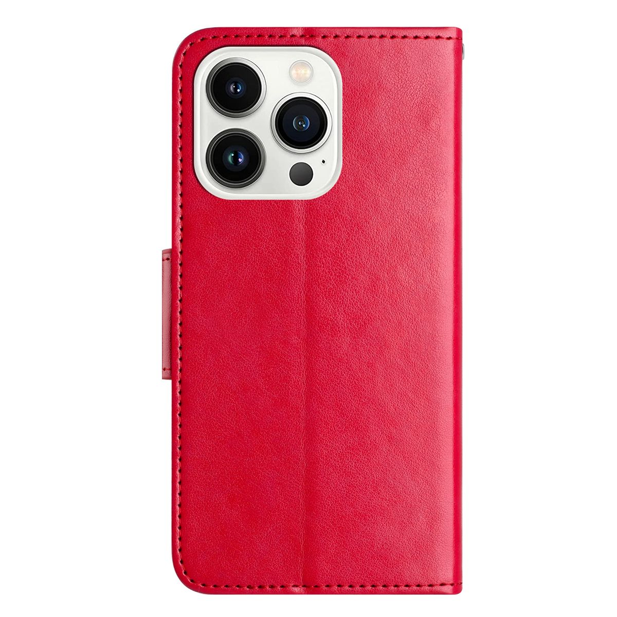 Eine rote Handyhülle mit mehreren Kameraöffnungen und einem Design im Brieftaschenstil.