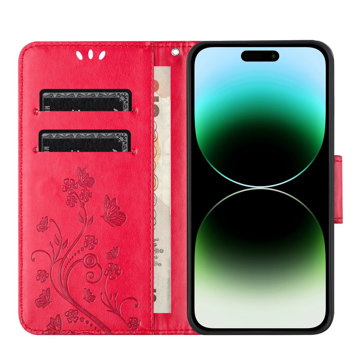 Rote Handyhülle, offen, zeigt ein Handy mit schwarzem Bildschirm. Blumen und Schmetterlinge links.
