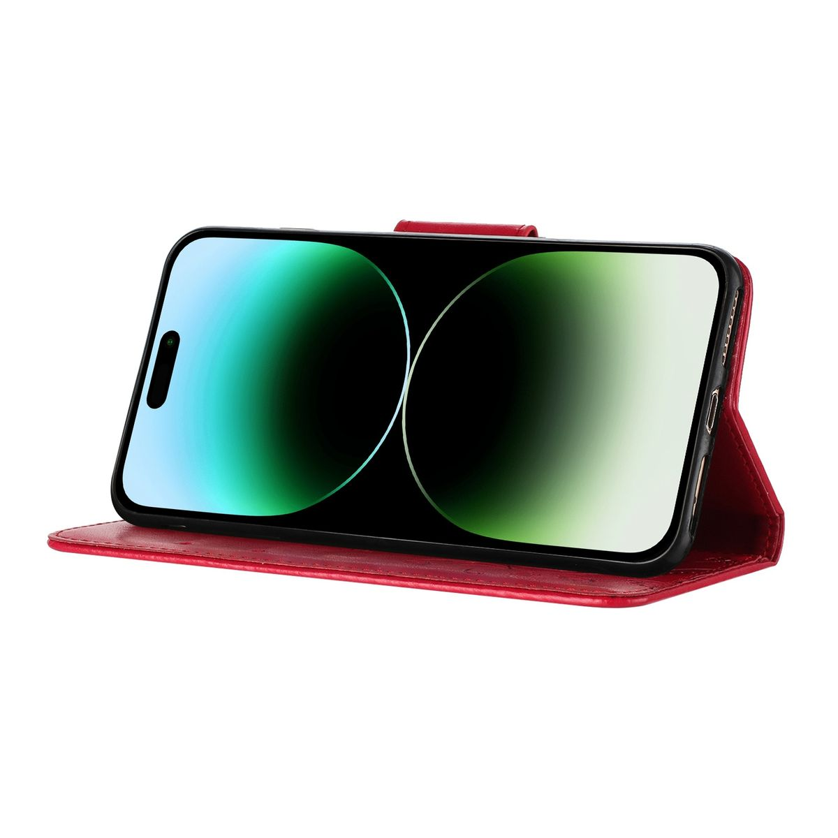 Geöffnete rote Handyhülle mit Telefon. Sie hat ein Wallet-Design und eine rote Farbe.