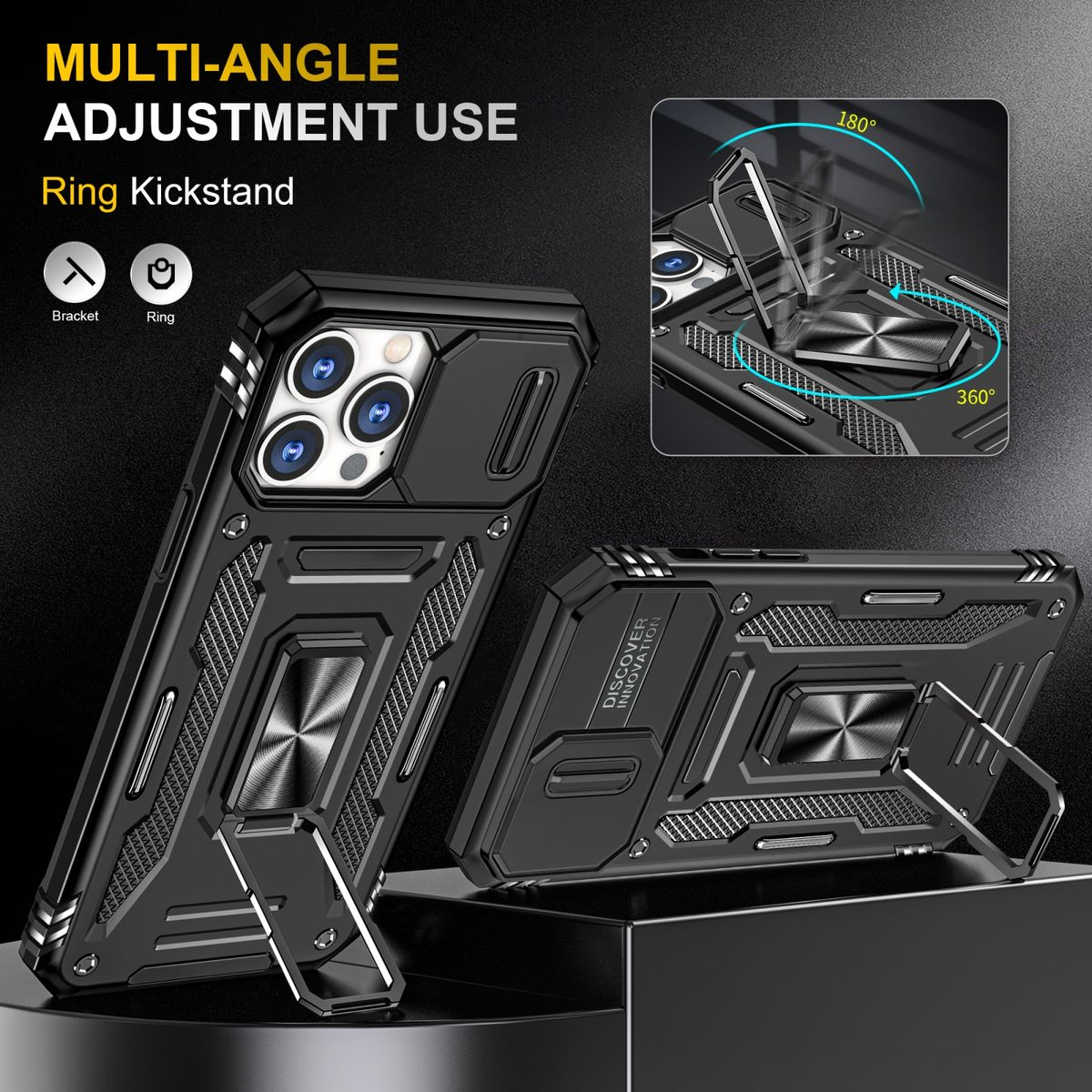 Schwarze Handyhülle mit Ring-Kickstand. Zeigt Multi-Winkel-Einstellfunktionen und Kameraschutz.
