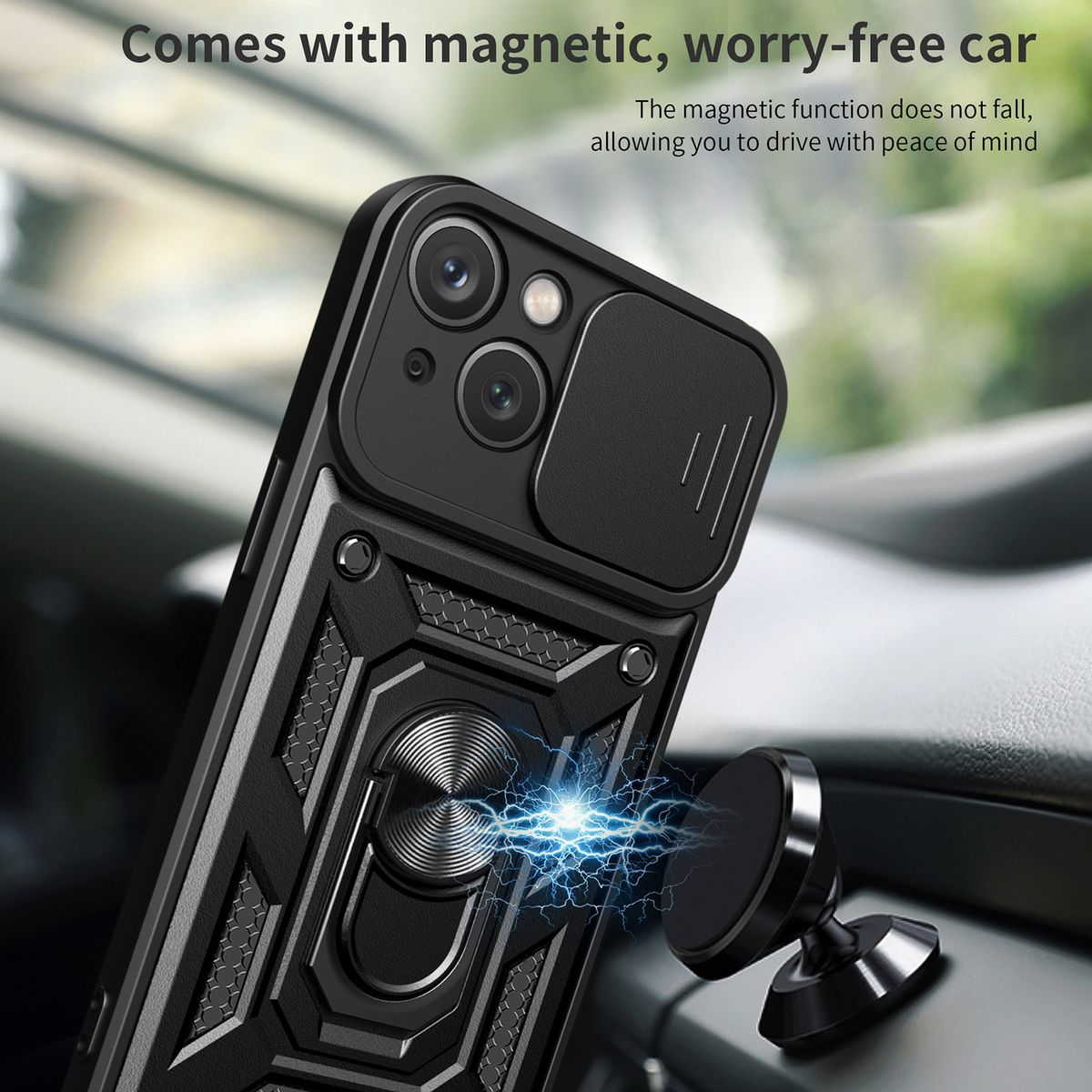 Schwarze Handyhülle mit Magnetring und Kameraabdeckung im Auto.