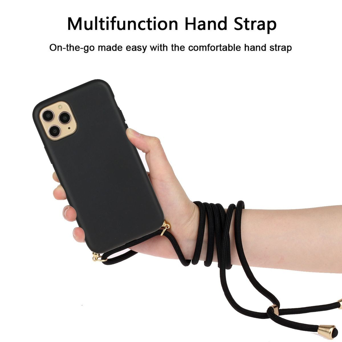 Hand, die ein schwarzes Telefon mit schwarzem Riemen hält. Das Telefon hat eine schwarze Hülle.
