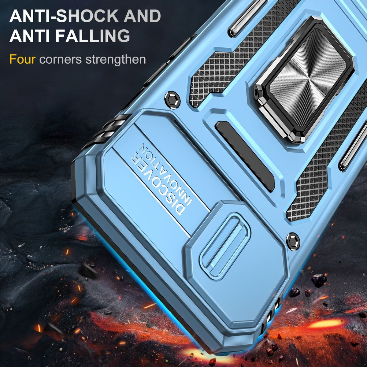 Eine blaue Handyhülle mit Metallring. Es steht 'Anti-Schock und Anti-Fall'. Es ist auf einem strukturierten Hintergrund.