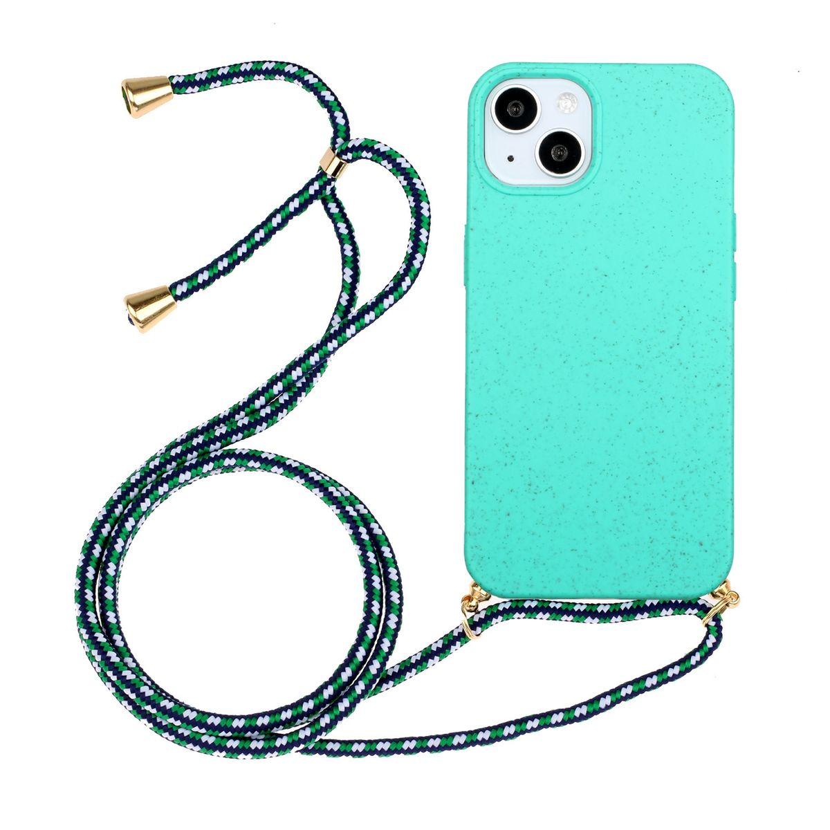 Handyhülle mit Lanyard. Handyhülle ist blau. Weißer Hintergrund.
