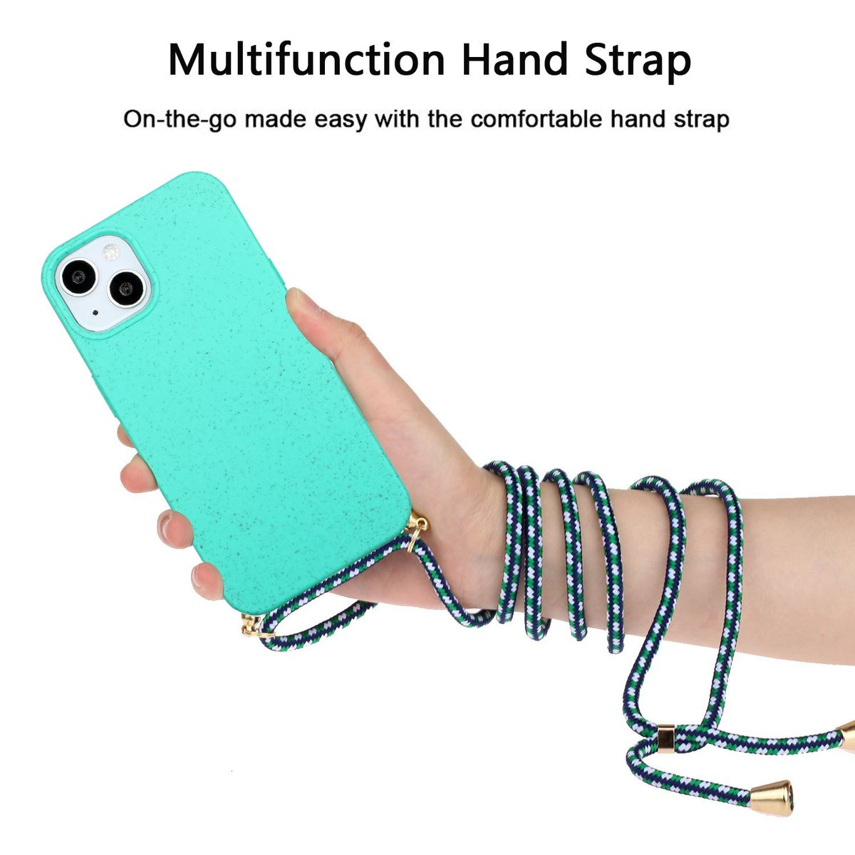 Hand, die ein Telefon in einer Hülle mit Band hält. Text über dem Telefon.