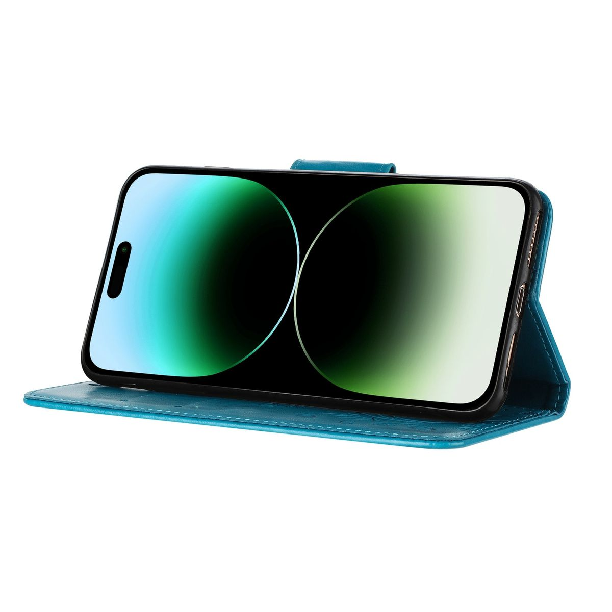 Eine blaue Handyhülle mit einem Telefon, das ein abstraktes Bild anzeigt. Die Hülle öffnet sich, um das Telefon zu zeigen.
