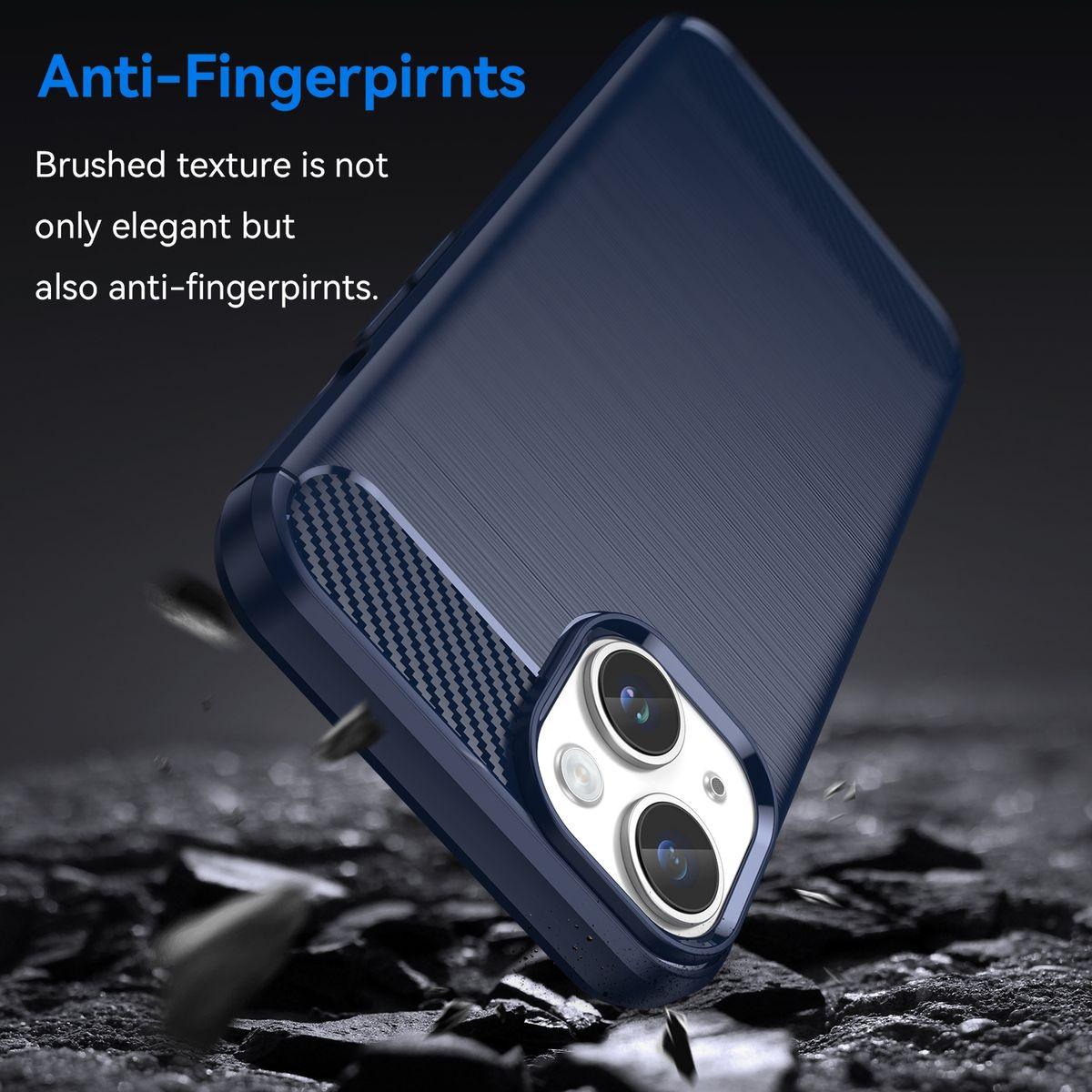Dunkelblaue Handyhülle mit gebürsteter Textur, Anti-Fingerabdruck und Telefonkamera.