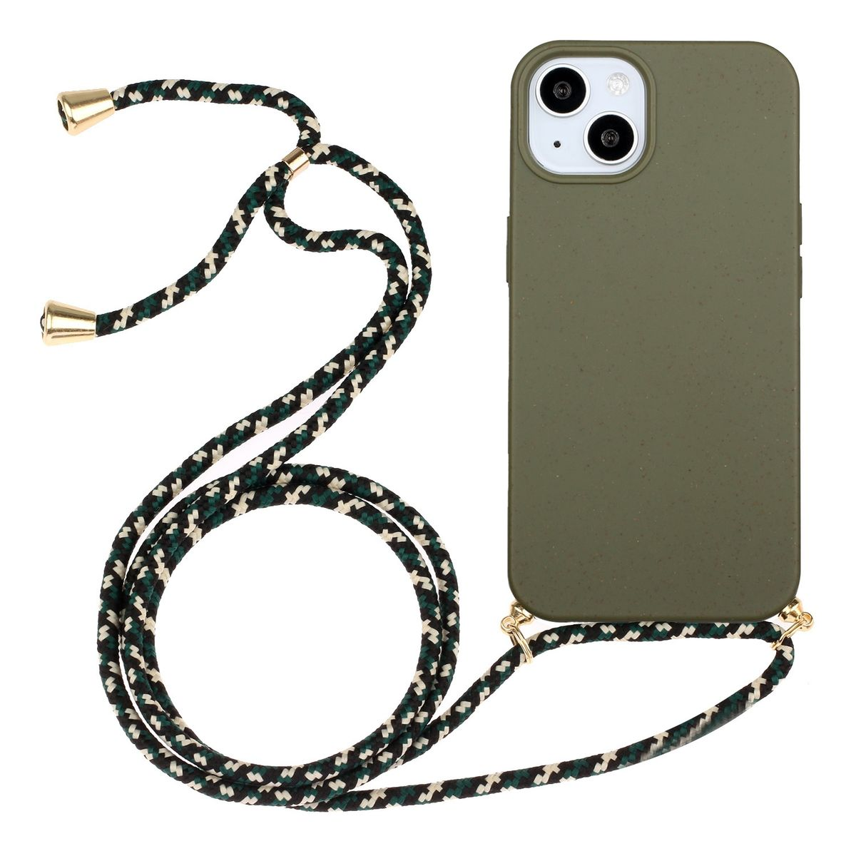 Ein olivgrünes Telefon mit einem Riemen. Der Riemen ist schwarz, weiß und grün.