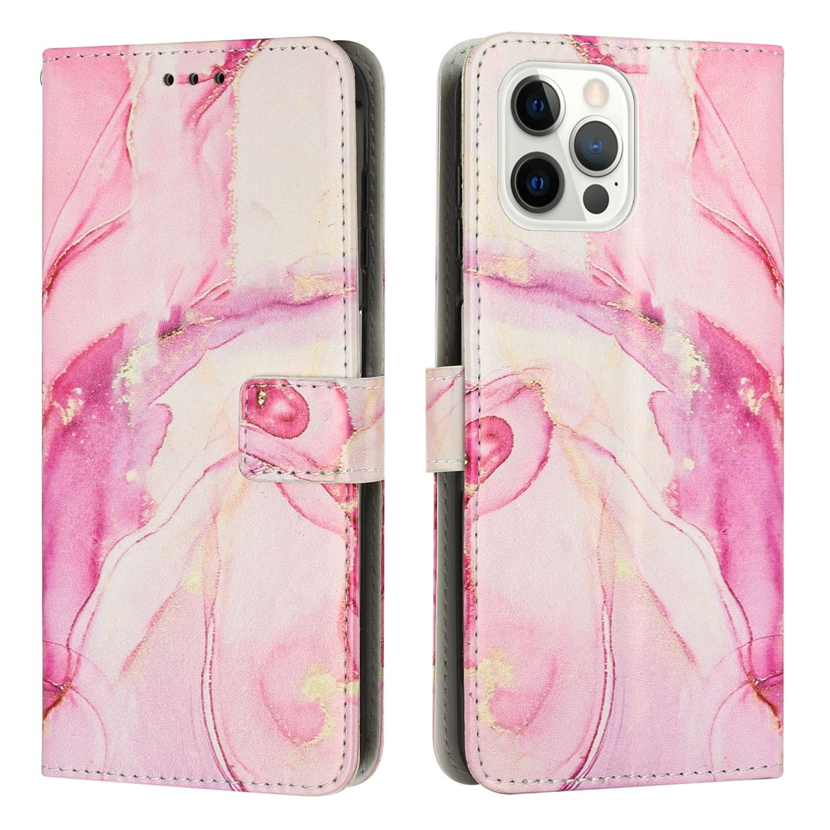 Eine pinkfarbene Handyhülle mit Marmordesign, offen, um das Innere des Telefons zu zeigen. Die Hülle hat einen Magnetverschluss.