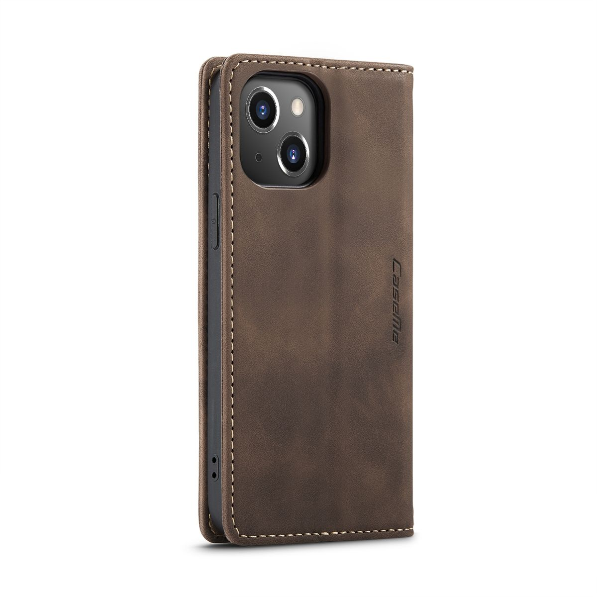 Eine braune Leder-Handyhülle mit Magnetverschluss und Nahtdetails.