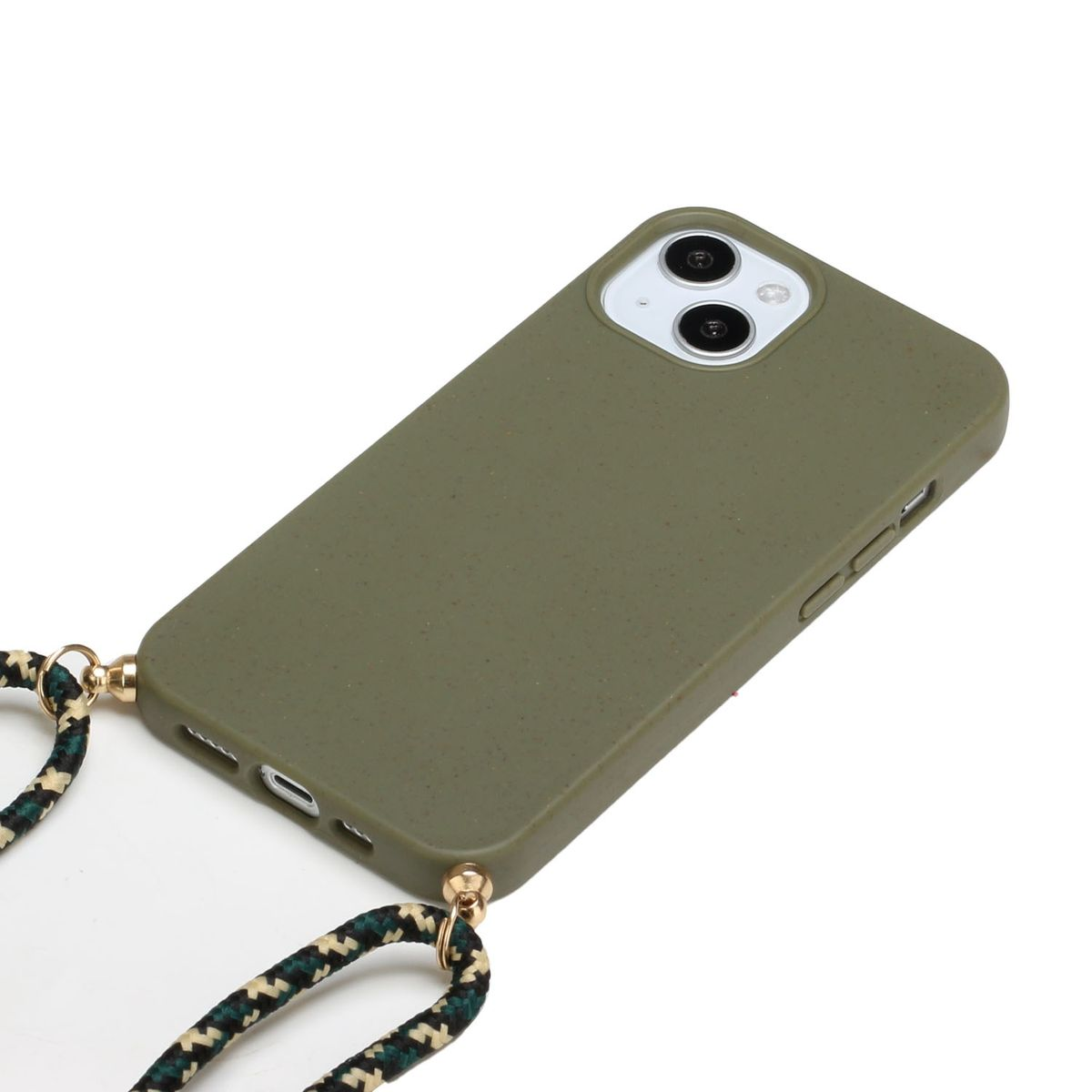Olivgrüne Handyhülle mit Lanyard auf weißem Hintergrund.
