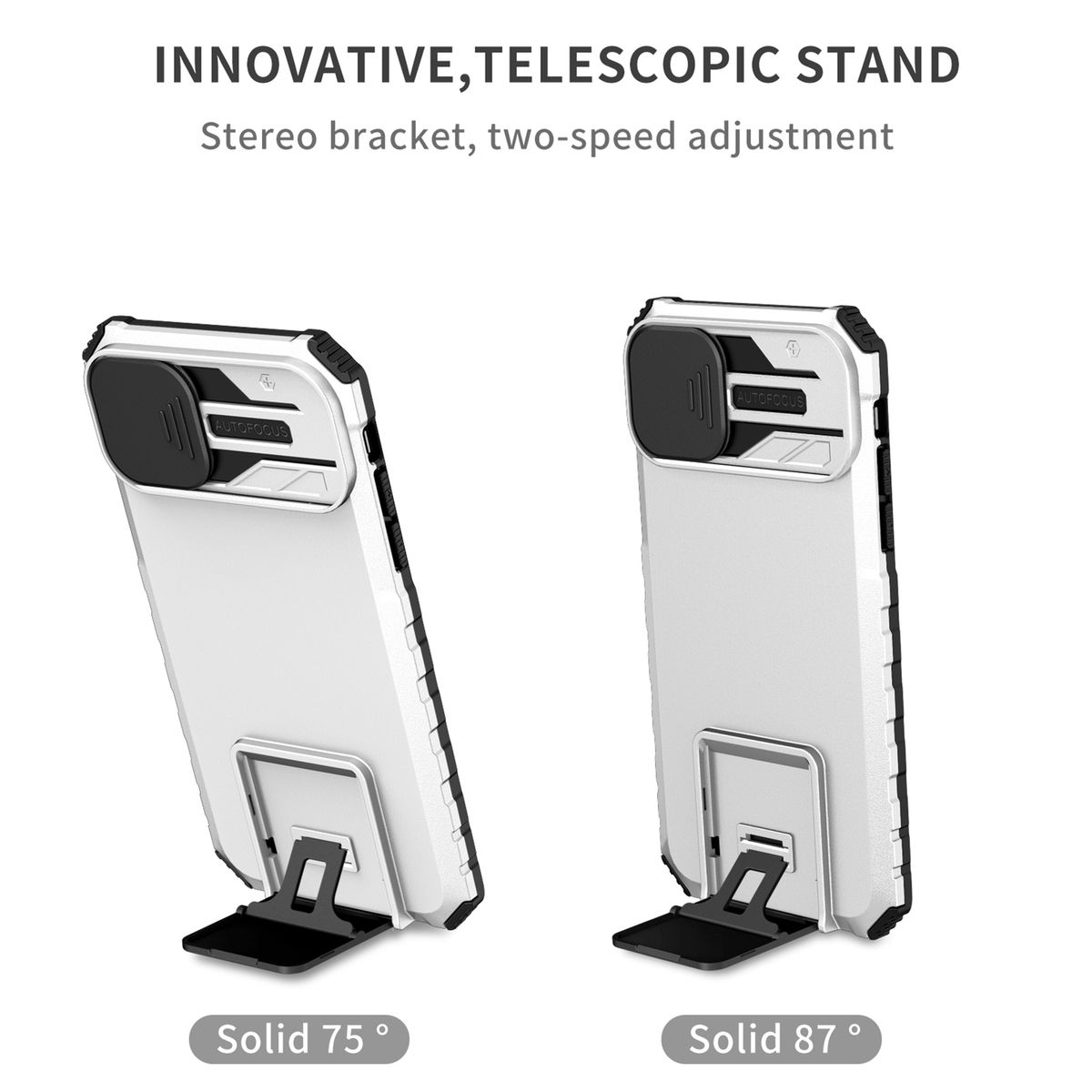 Zwei weiße Handyhüllen mit Ständern, die verschiedene Winkel zeigen. Text: Solid 75° und 87°.