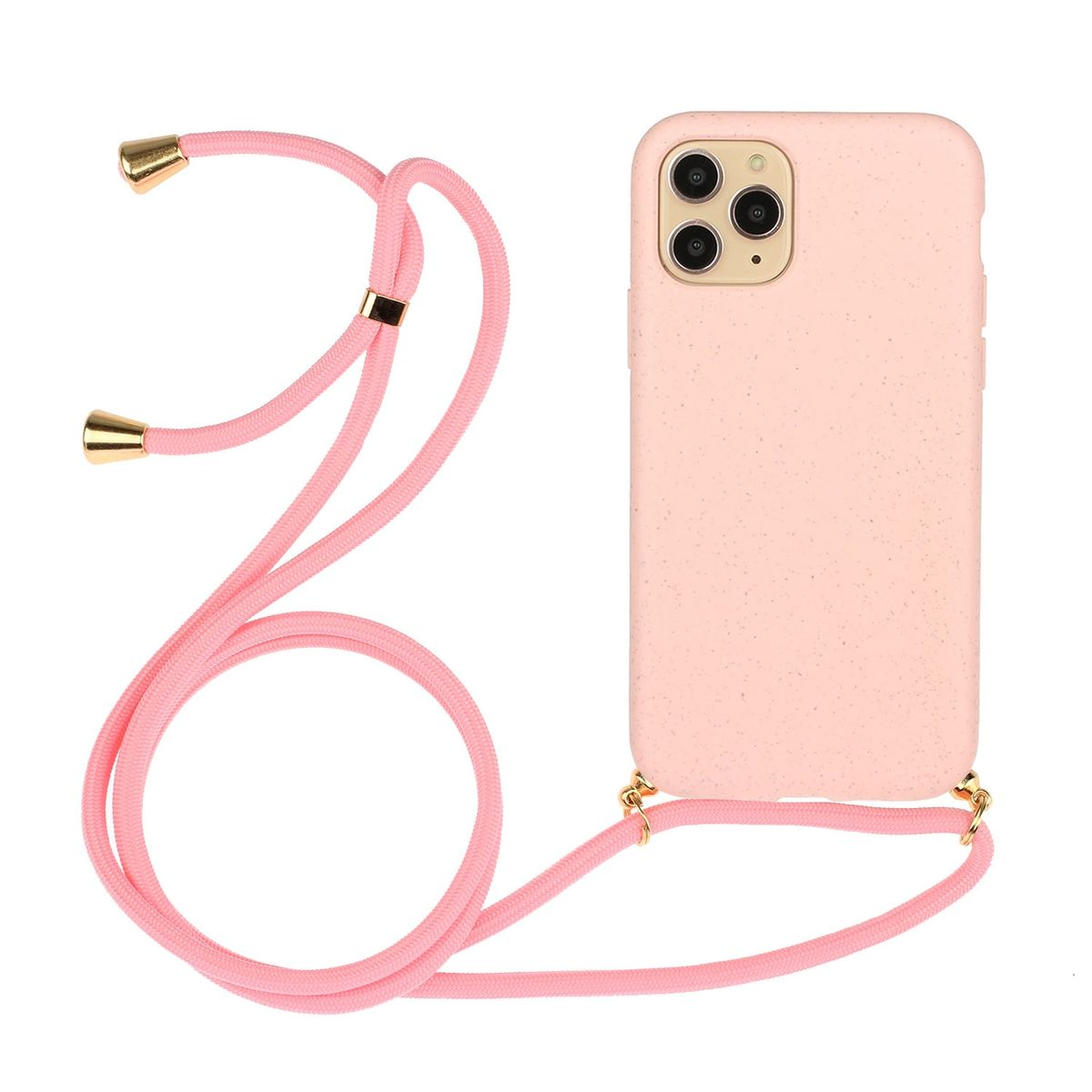Rosa Handyhülle mit Lanyard. Die Hülle hat ein rosa Sprenkeldesign und ein rosa Lanyard.