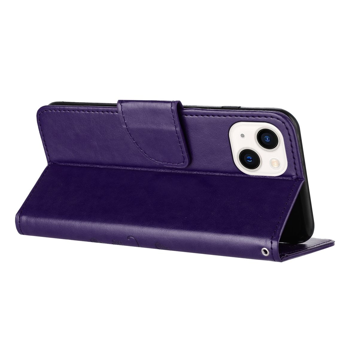 Eine lila Handyhülle, offen, das Handy zeigend. Die Hülle hat eine Klappe und eine sichtbare Handykamera.