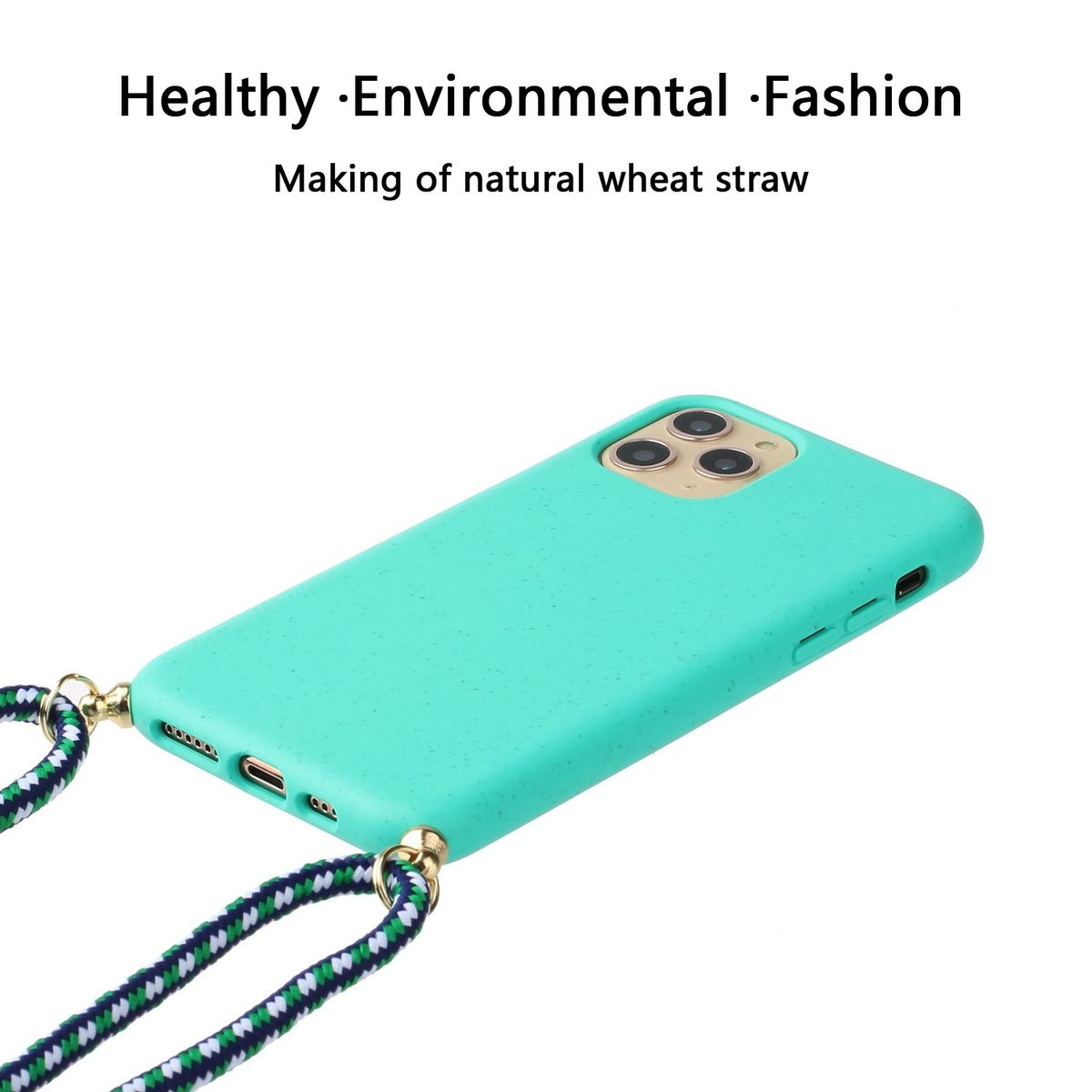 Grüne Handyhülle mit Lanyard. Text: 'Gesund, Umweltfreundlich, Mode'. Weizenstroh-Material.