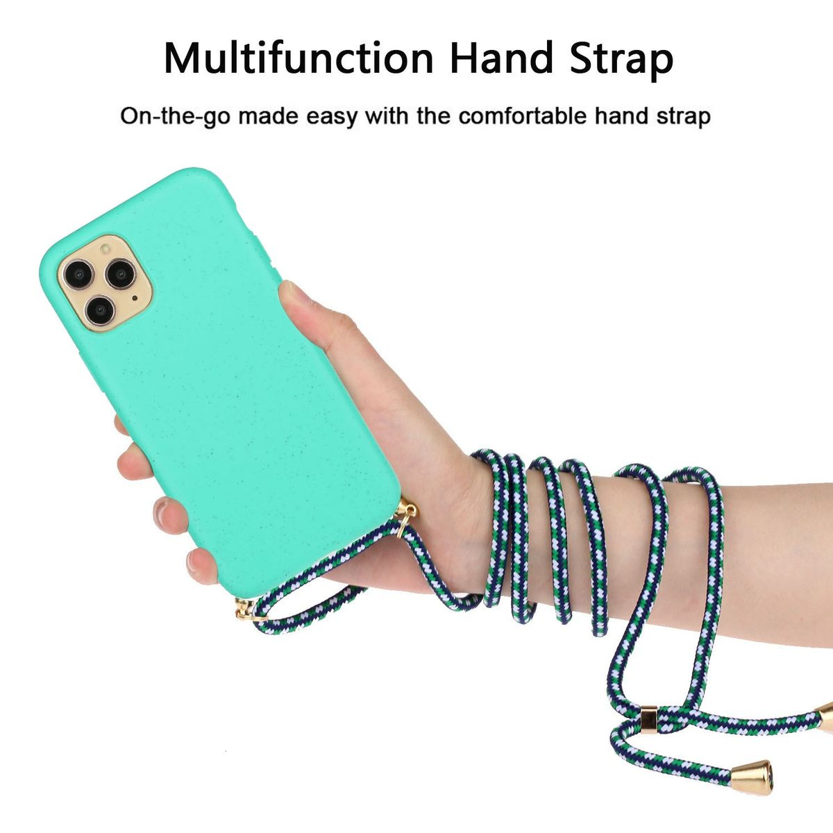 Eine Hand, die ein türkisfarbenes Telefon mit passendem Trageriemen hält. Der Riemen ist spiralförmig mit blauem und weißem Muster.