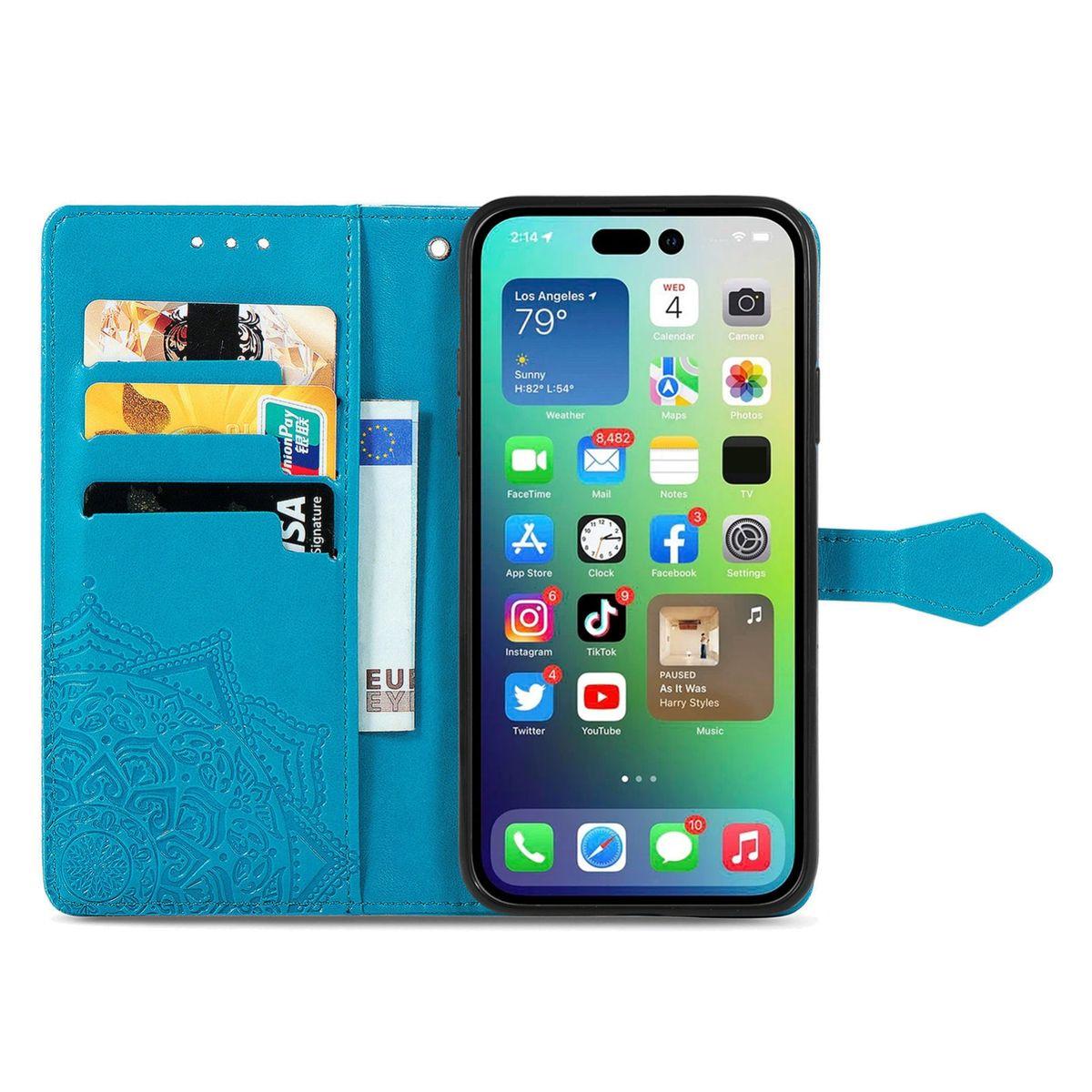 Blaue Handyhülle mit Telefon. Das Telefon zeigt eine Wetter-App und andere Apps. Karten in Schlitzen.