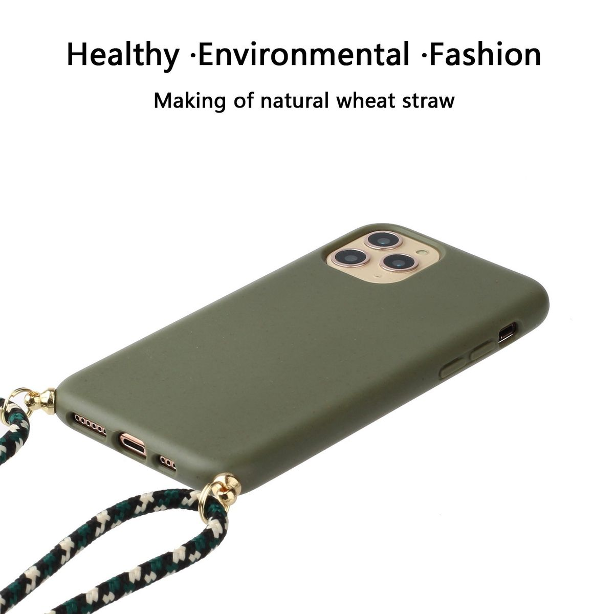 Grüne Handyhülle mit schwarz-weißem Lanyard, Text oben. Weißer Hintergrund.