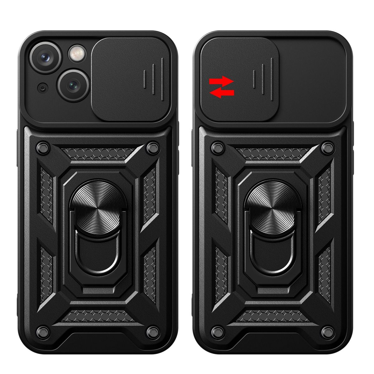 Zwei schwarze Telefonhüllen mit verschiebbarem Kamera-Cover und Ringhalter. Weißer Hintergrund.