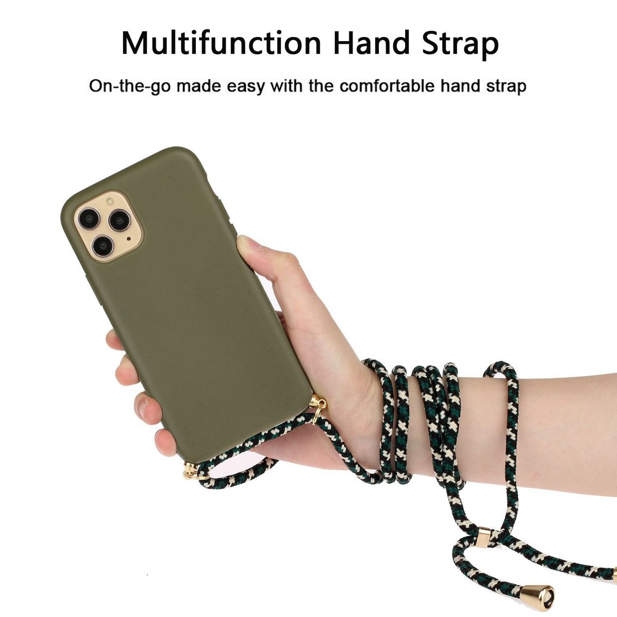 Hand hält grünes Telefon mit Riemen. Schwarz-weißer Riemen. Weißer Hintergrund.