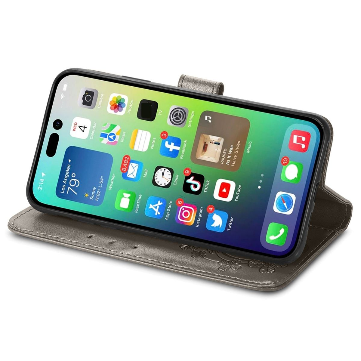 Telefon in grauem Case, zeigt Los Angeles Wetter-App und andere Apps. Geöffnetes Case.