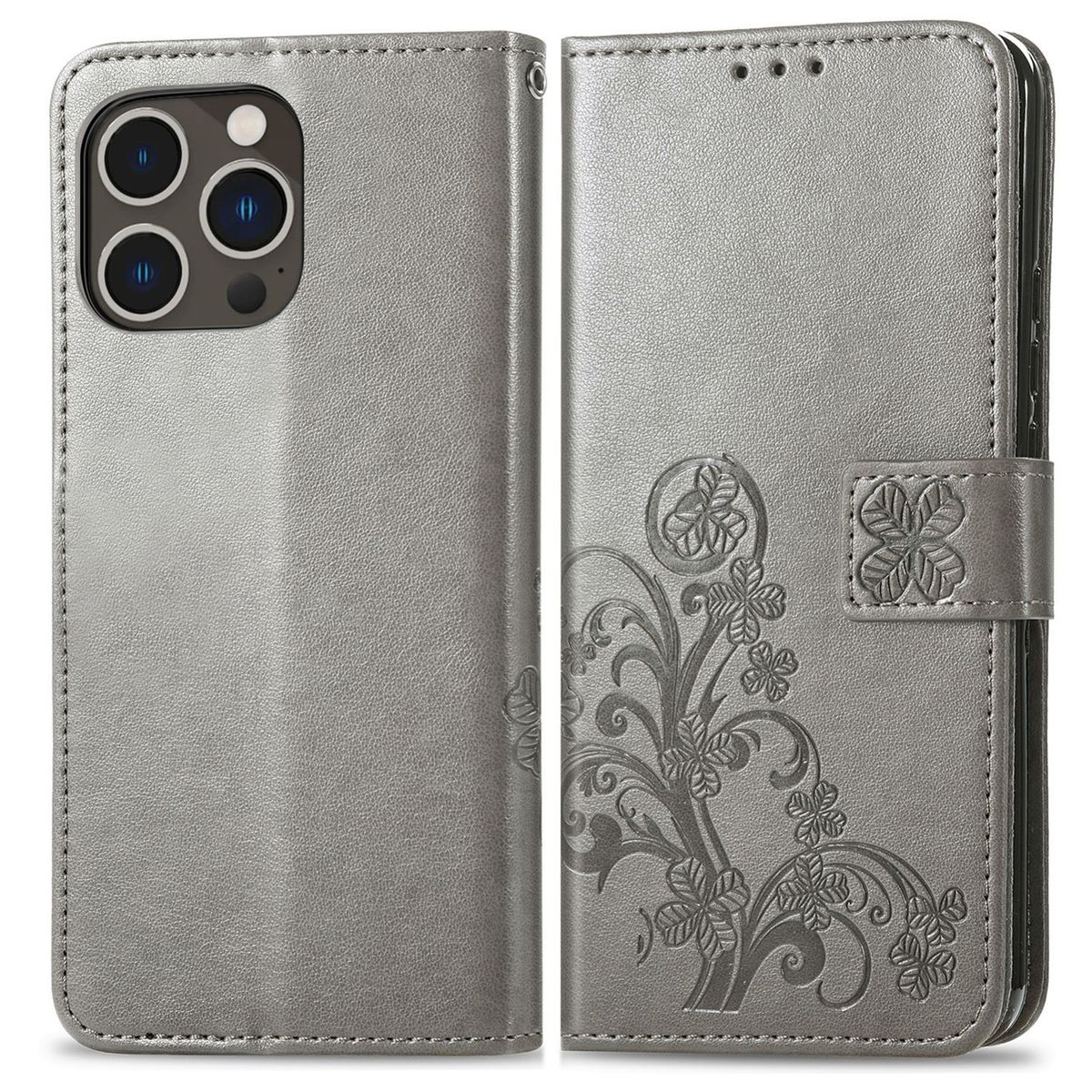 Silberne Handyhülle mit floralem Design, geöffnet, um ein Handy zu zeigen, vor weißem Hintergrund.