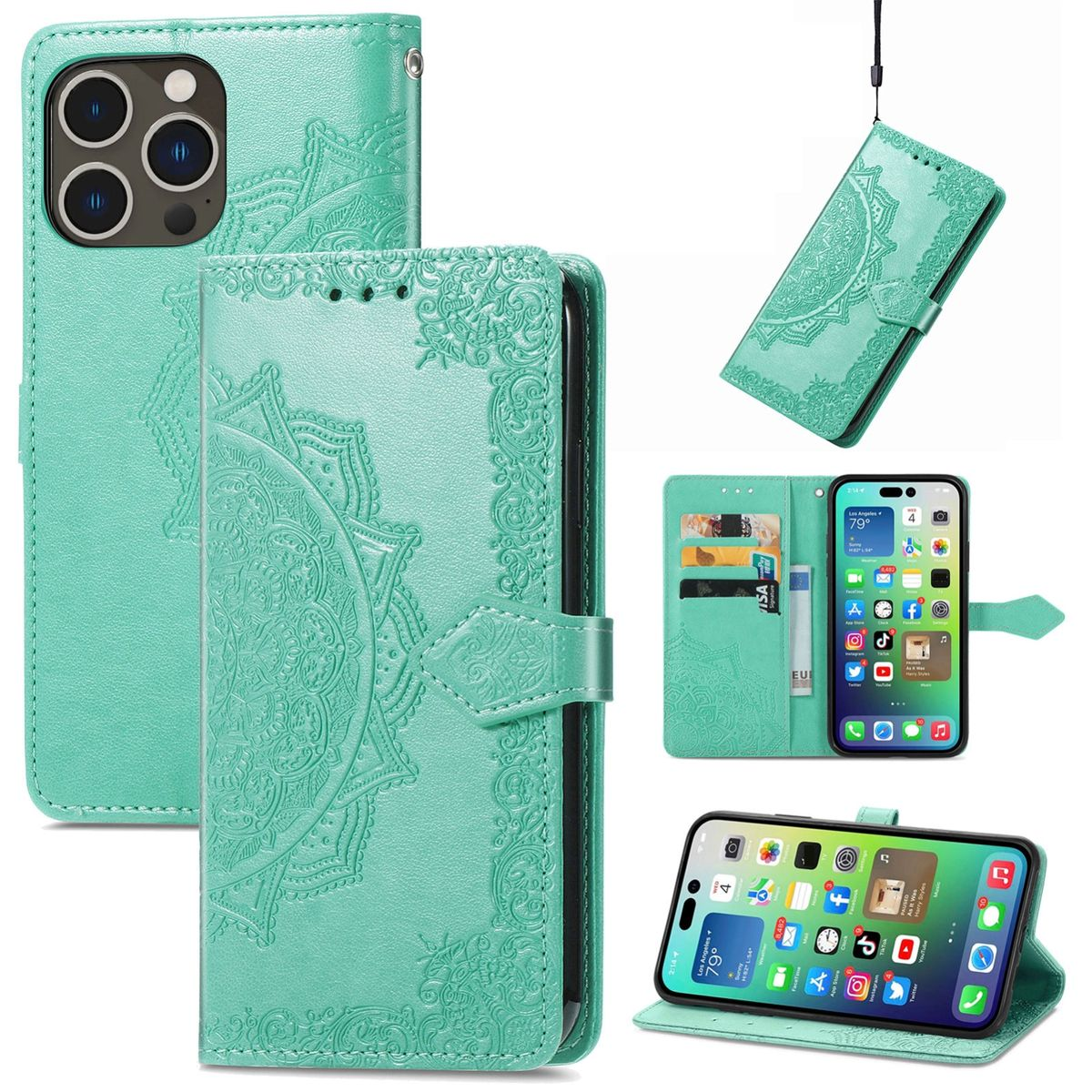 Eine türkisgrüne Handyhülle mit Mandala-Design, mit dem Telefon darin. Mehrere Ansichten des Telefons mit der Hülle.