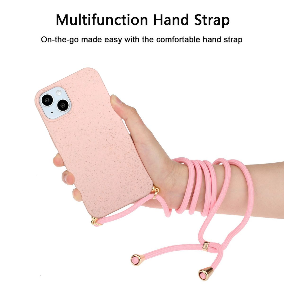 Eine Hand hält ein rosa Telefon mit rosa Riemen; Text lautet 'Handriemen'.