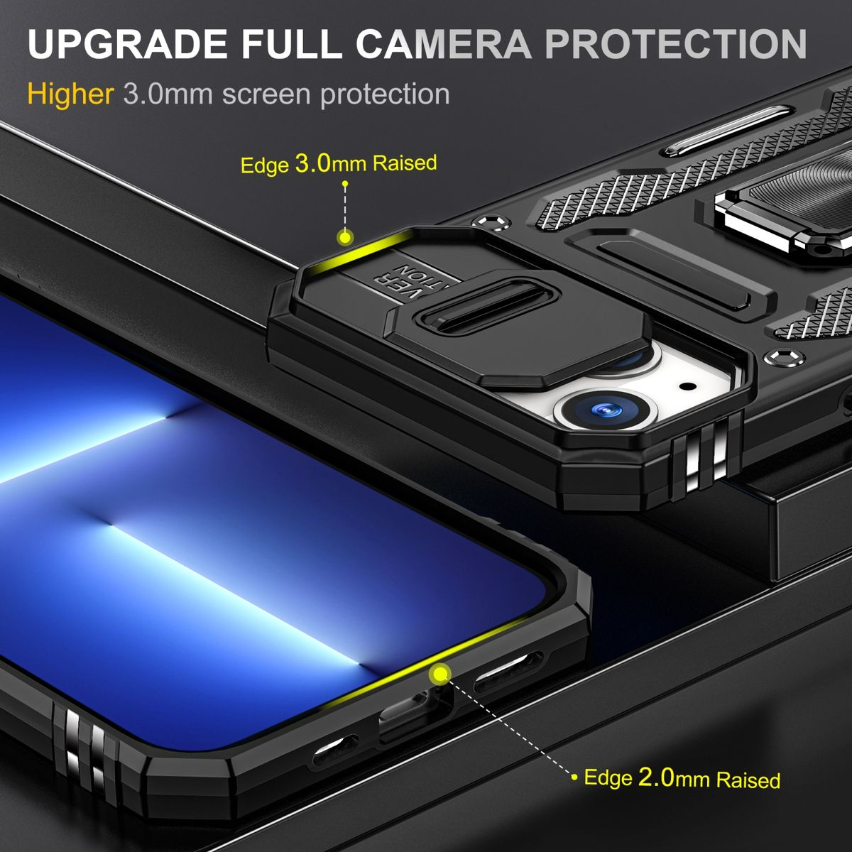 Schwarze Handyhülle schützt ein Telefon. Text sagt 'Upgrade Full Camera Protection'.