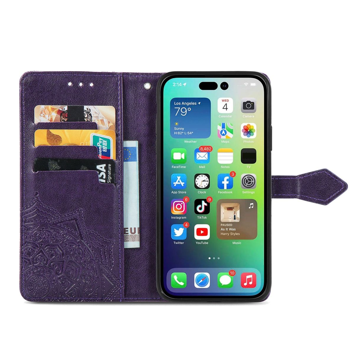 Lila Handyhülle mit Kreditkartenfächern und einem Telefon. Das Telefon ist eingeschaltet und hat einen Bildschirm.