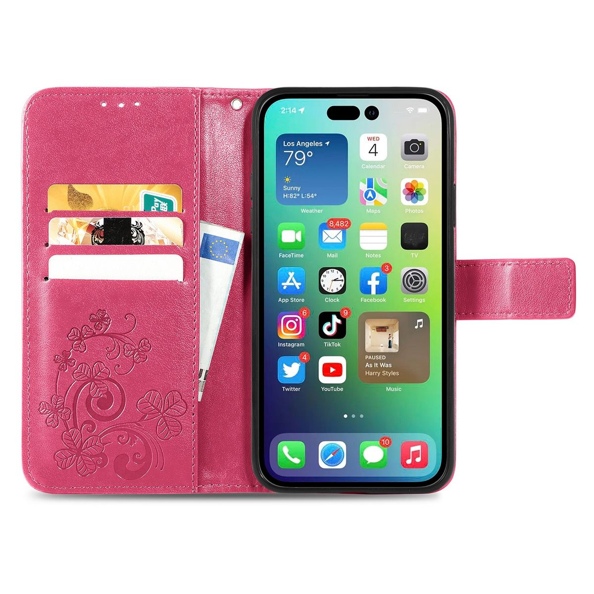 Rosa Handyhülle mit Karten und einem Telefon. Der Bildschirm zeigt Apps.