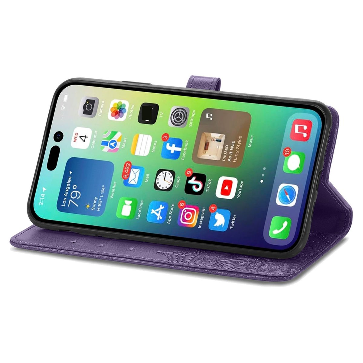 Geöffnete lila Leder-Handyhülle mit einem Telefon, das App-Symbole und Wetter anzeigt.