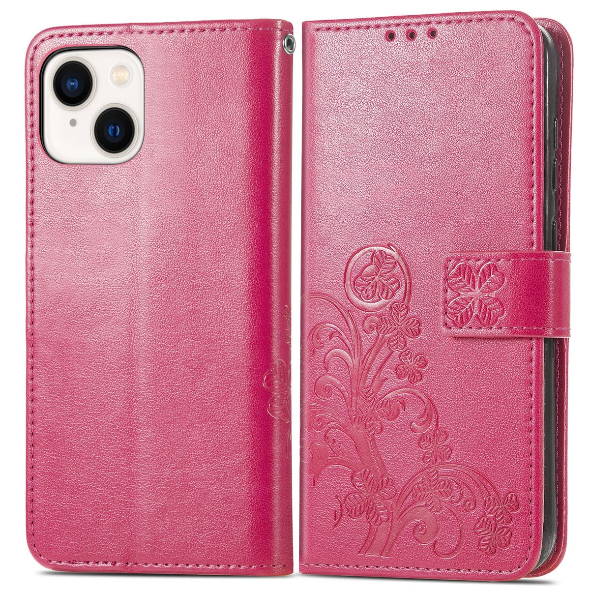 Rosa Handyhülle mit Blumendesign und Verschluss. Die linke Seite zeigt das Handy.