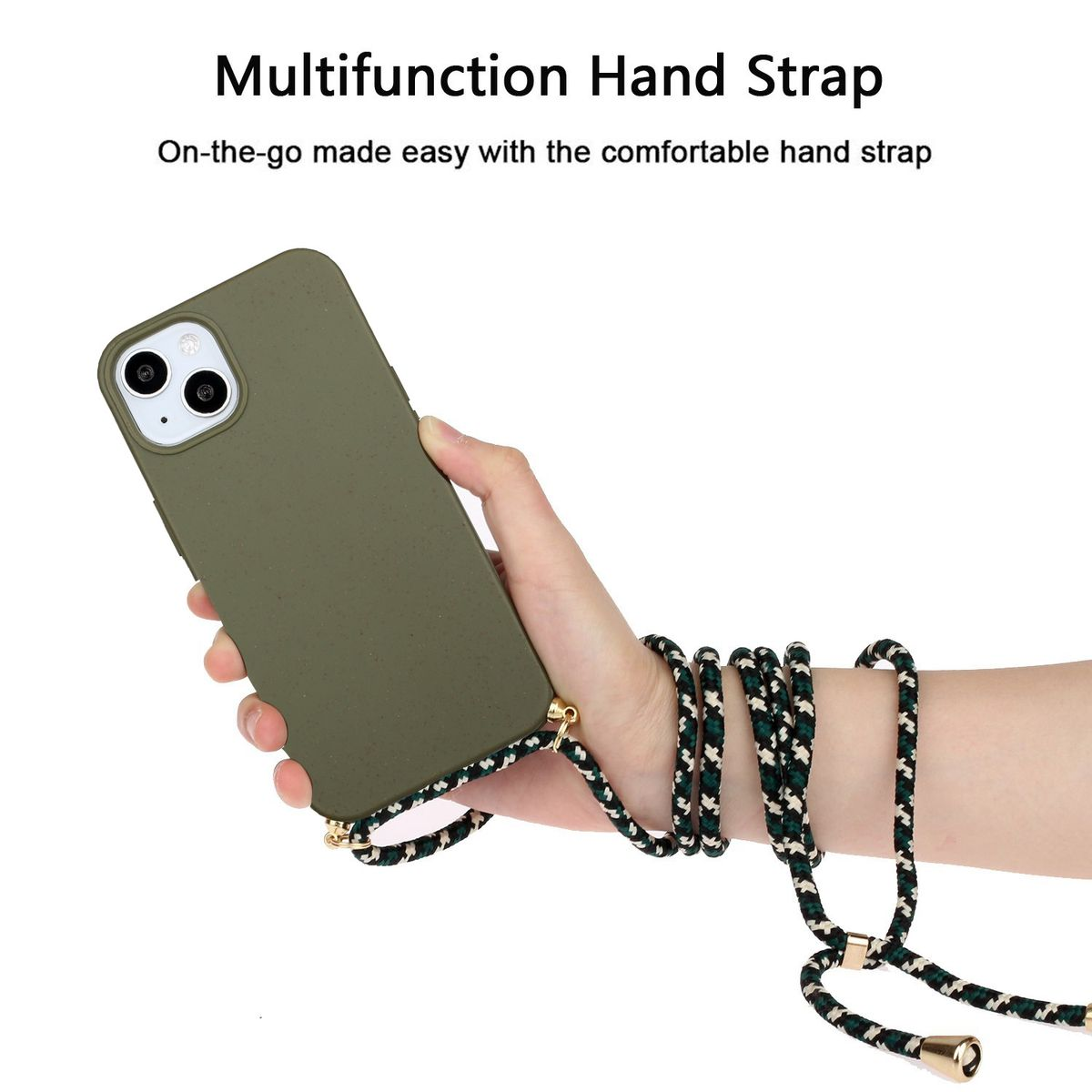 Hand hält olivgrünes Telefon mit Handriemen. Schwarz-weißer Riemen.