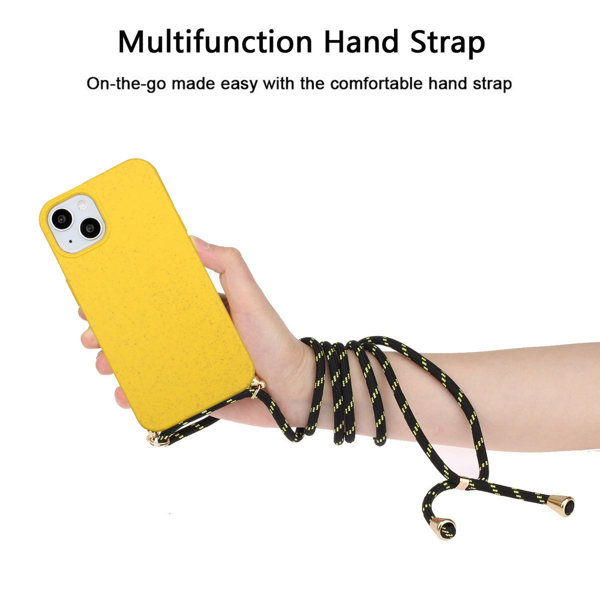 Eine gelbe Handyhülle mit Handschlaufe. Eine Hand hält das Telefon mit befestigtem Riemen.