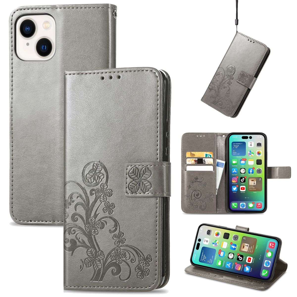 Graue Leder-Handyhülle mit floralem Design. Sie ist geöffnet und zeigt das Telefon und Kartenfächer. Mehrere Winkel werden angezeigt.
