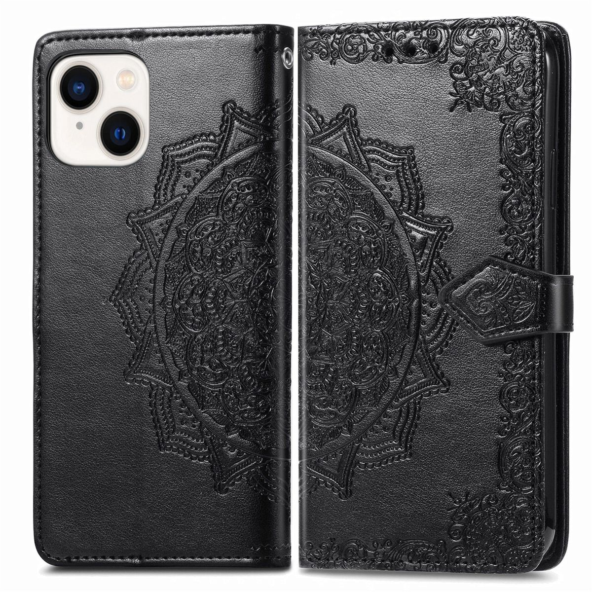 Schwarze Handyhülle mit Mandala-Design. Geöffnet, zeigt das Telefon und ein Portemonnaie.