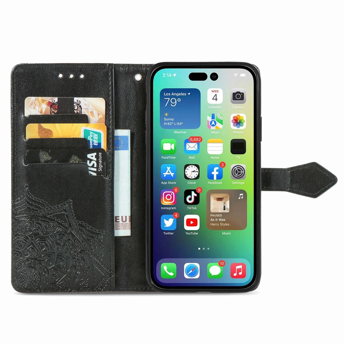 Schwarze Handyhülle mit Kreditkarten und Telefon mit Bildschirm.