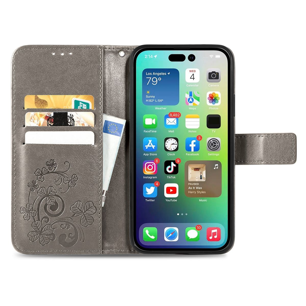 Eine graue Handyhülle mit einem iPhone, Karten und einem Stift. Der Bildschirm zeigt Apps.