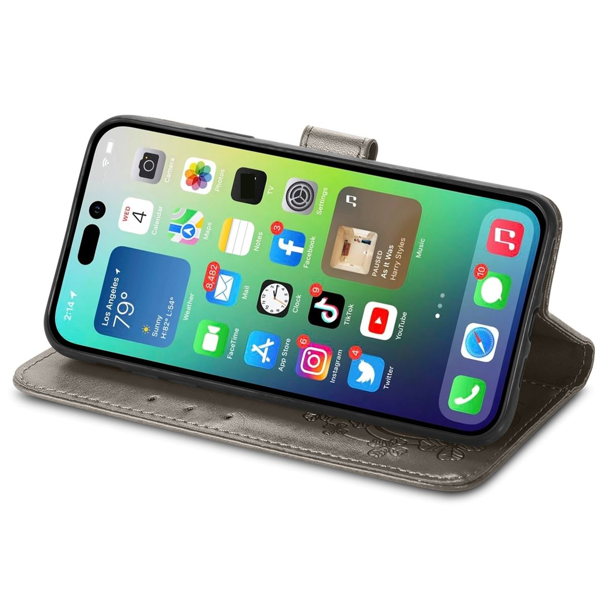 Ein Telefon mit Apps auf dem Bildschirm liegt in einer grauen Hülle. Die Hülle ist offen.