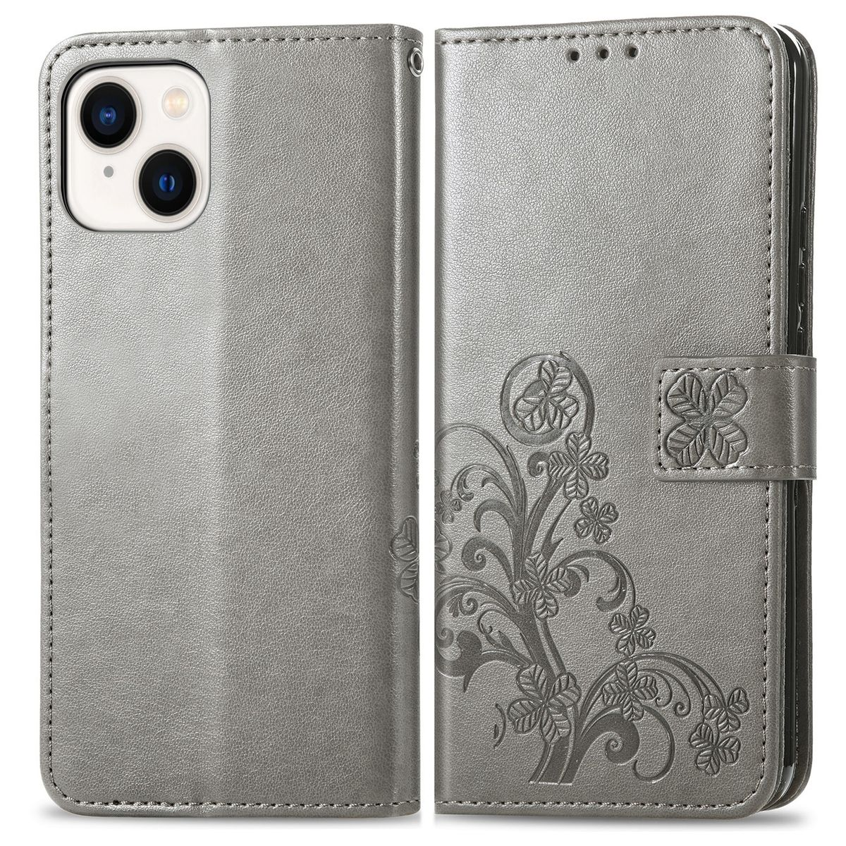 Geöffnete graue Handyhülle mit floralem Design. Die Handyhülle hat einen Magnetverschluss.