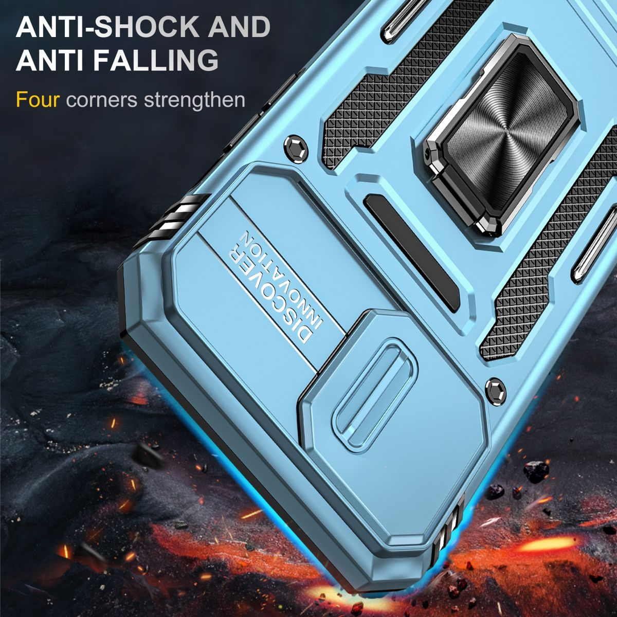 Eine blaue Handyhülle mit Metallring auf strukturierter Oberfläche. Text: ANTI-SHOCK UND ANTI FALLING.