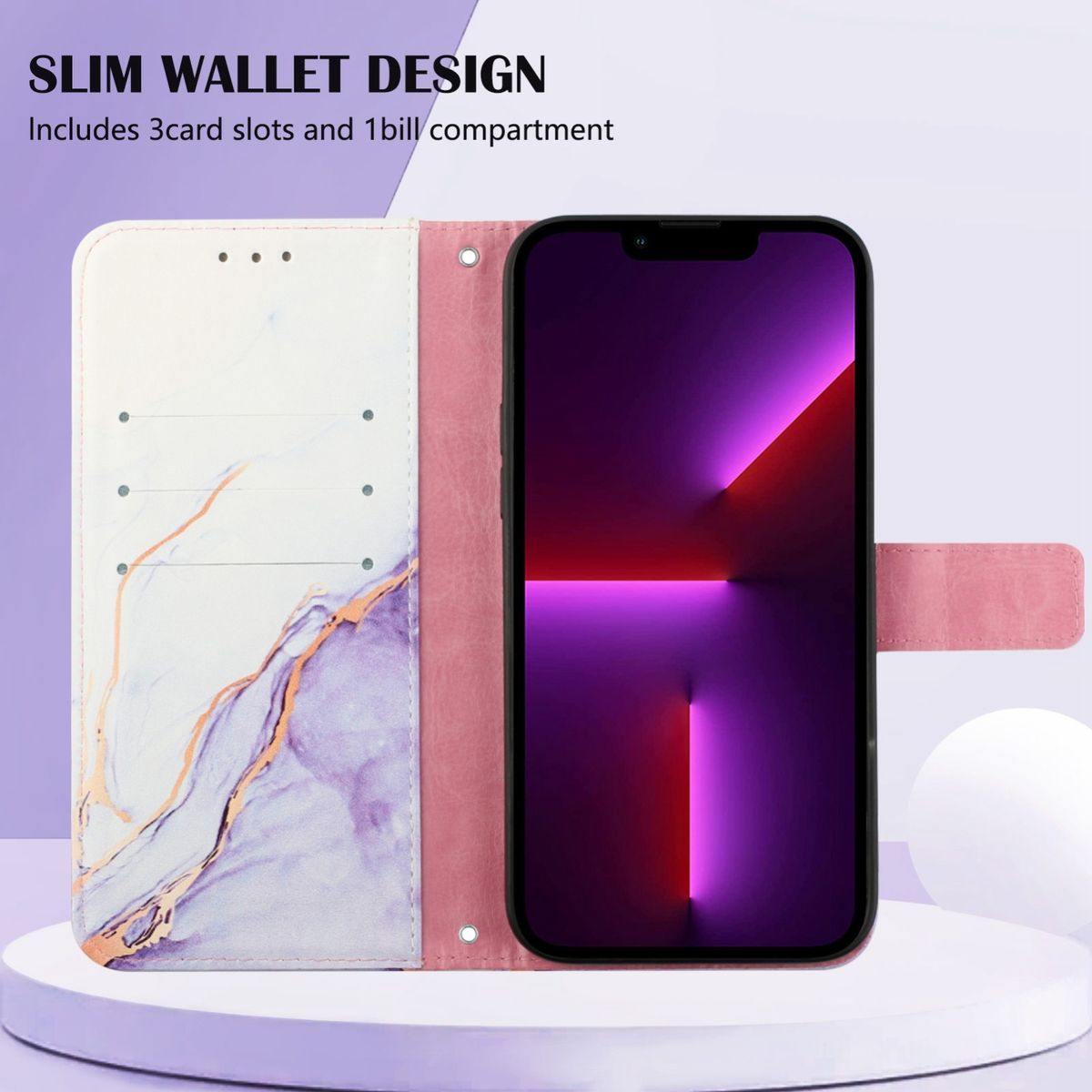 Rosa Handy-Wallet-Hülle mit Marmor-Design. Enthält Kartenfächer und ein Handy mit lila Bildschirm.