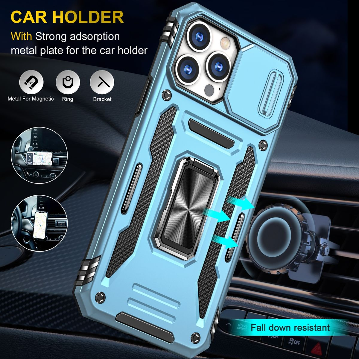 Blaue Handyhülle mit Magnetring und Autohalterung, mit Text. Die Hülle befindet sich in einem Auto.